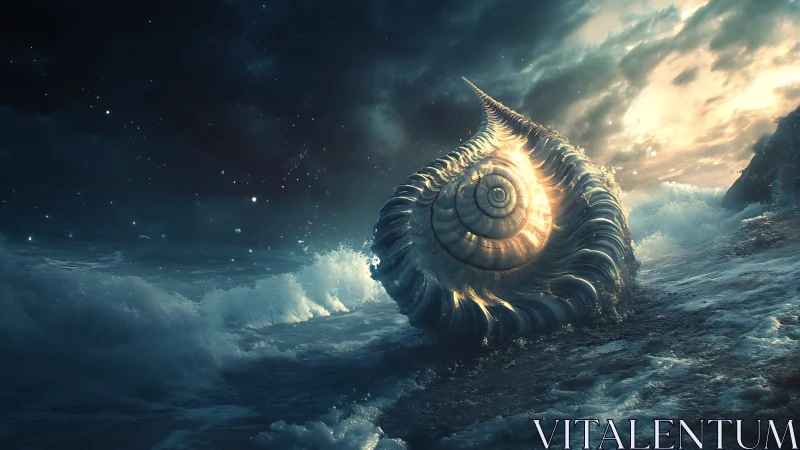 Tidal starlight shell swirling between storm and sunrise.