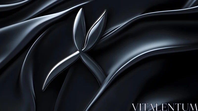Sleek Metallic Abstract Symbol on Flowing Black Silk Background.