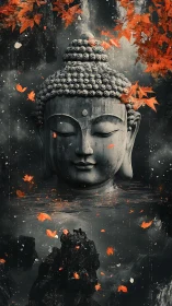 Serene stone Buddha head rests in misty water with autumn leaves
