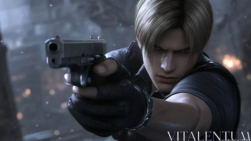 Cinematic close-up of armed agent in tense action stance