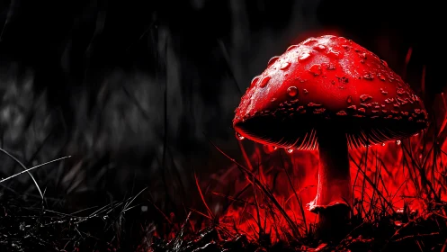 Chromatic macro study of bioluminescent red forest mushroom.
