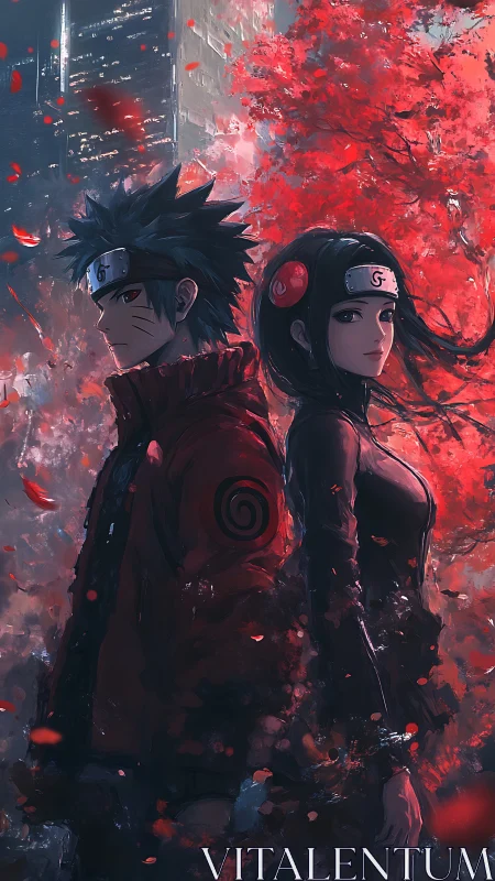 Dual anime warriors beneath scarlet foliage in urban dusk