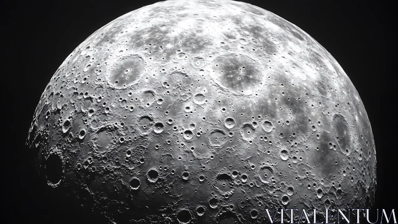 Silver cratered moonrise carved in stark cosmic silence.