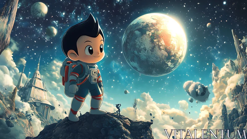 Child astronaut surveys luminous alien sky from rocky cliff