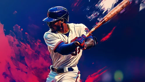 Dynamic digital painting of baseball hitter mid-swing.