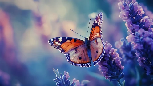 Orange butterfly on lavender flowers in soft focus garden.