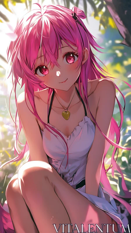 Pink haired anime girl in white dress under soft sunlight.