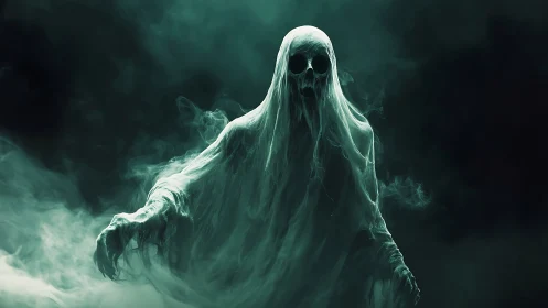 Ethereal skeletal wraith materializes from volumetric green mist