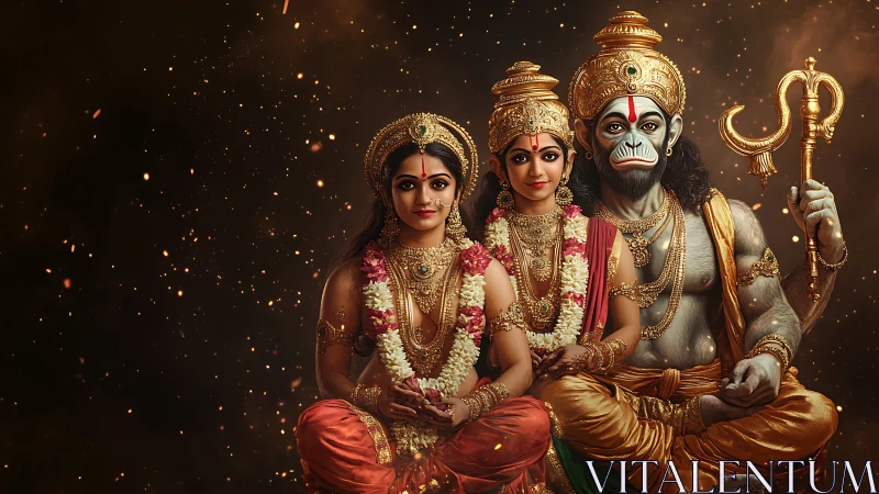 Divine trio in ornate golden attire radiates sacred warmth