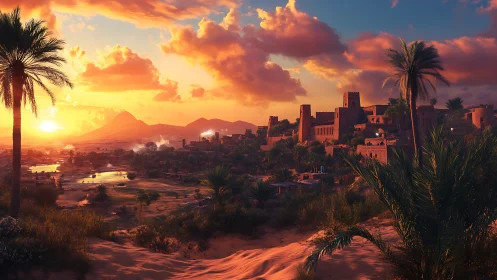 Golden desert sunset wraps a peaceful oasis city in warmth