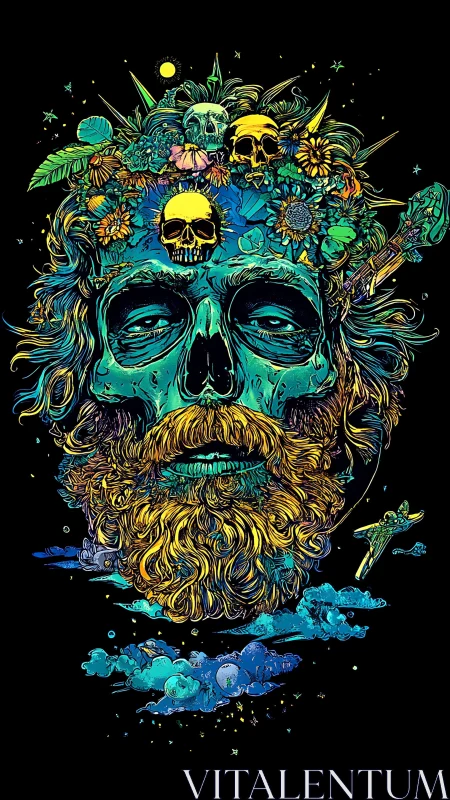 Psychedelic skull portrait merges cosmic night and wild nature