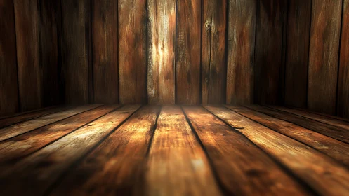 3D rustic wooden interior with converging plank perspective.