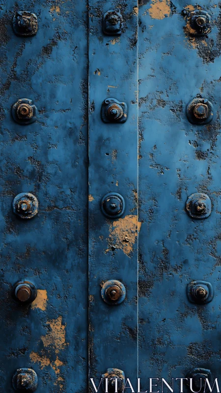 Weathered blue metal surface with bolts and rust patches.