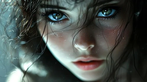 Gaze in the mist, hyperreal blue-eyed portrait study.