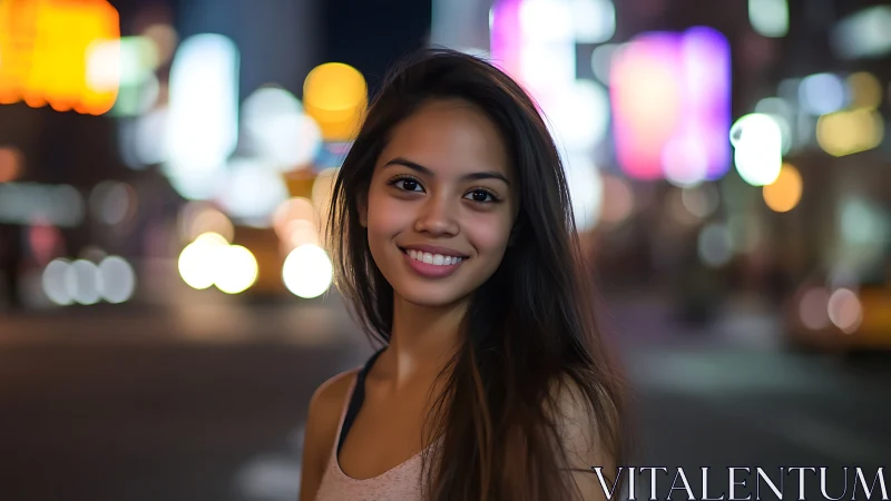 City street portrait under neon bokeh lights at night.