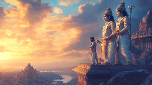 Divine cliffside guardians overlooking radiant river temple.