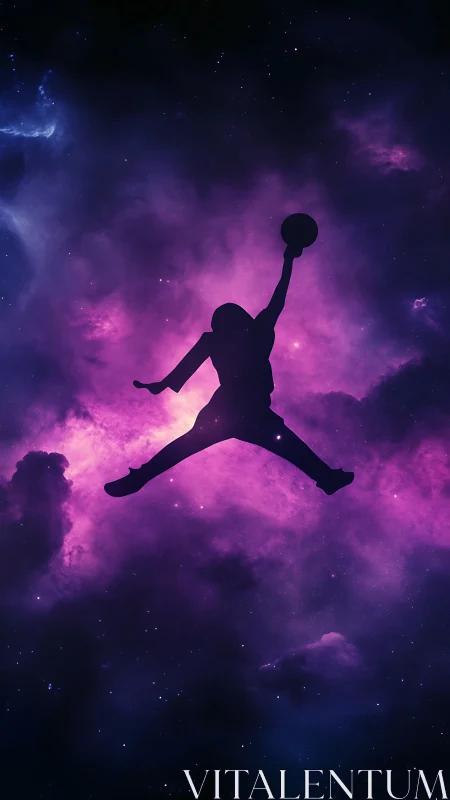 Cosmic basketball leap silhouette over glowing nebula sky.