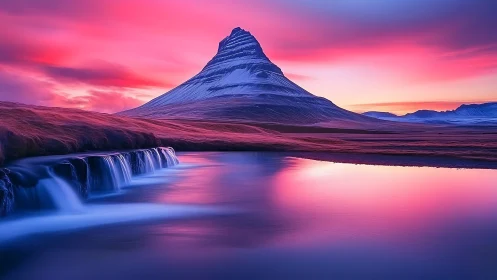 Radiant mountain reflects in serene violet sunset lake