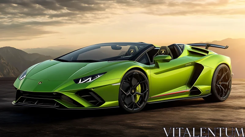 Green Lamborghini roadster cuts horizon with razor aerodynamics.