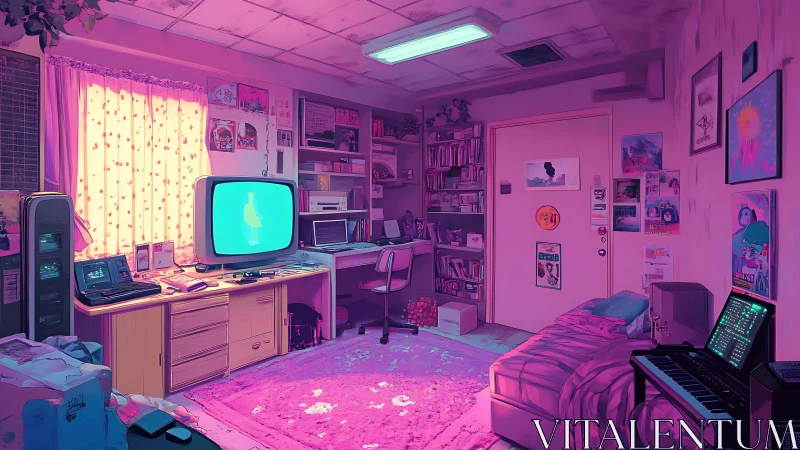 Neon-lit retro bedroom studio with CRT display and synth workstation