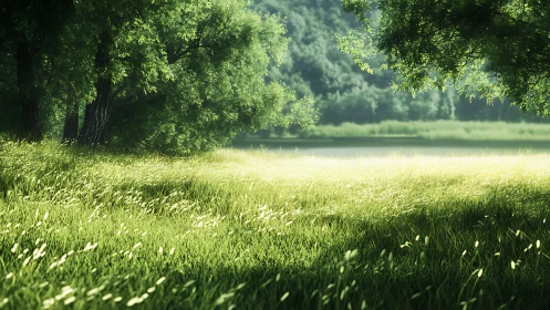 Sunlit meadow inviting quiet moments beneath green trees.