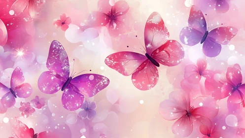 Glowing pink butterflies over dreamy floral pastel field.