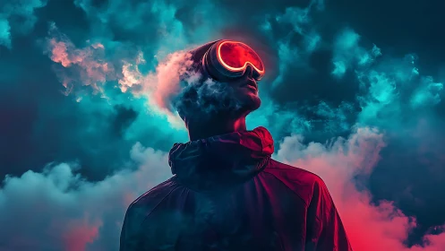 Neon-clad dreamer explores vaporous cyber sky. Period.