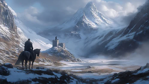 Lone rider weighs the frozen road toward the mountain keep