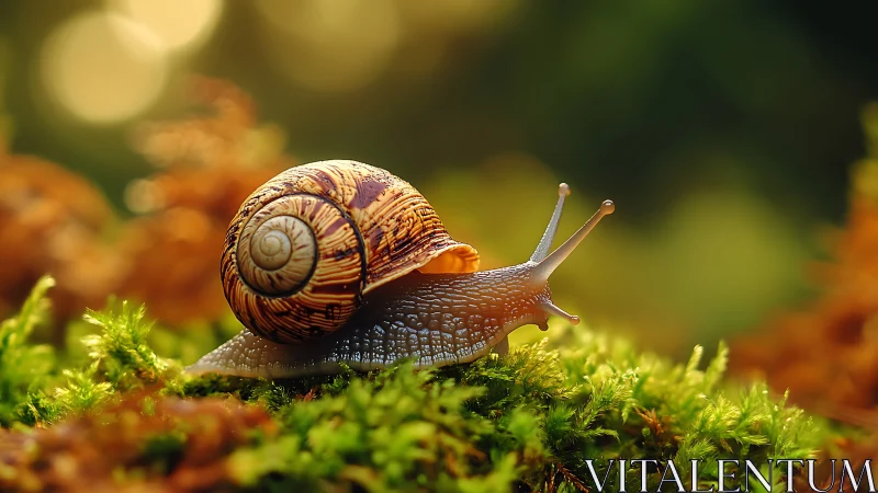 Macro study of banded snail shell geometry on moss bed.