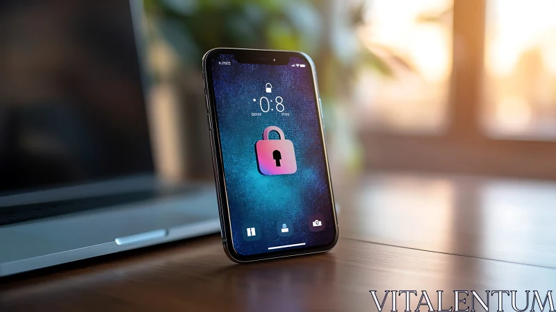 Smartphone lockscreen with vivid security icon at sunrise.