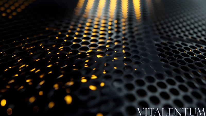 Close-up of perforated black metal with glowing amber lights, abstract style.