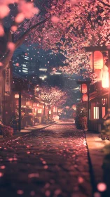 Cherry blossom alley glowing under lantern-lit night rain.