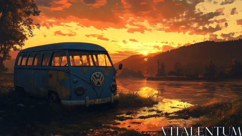 Rusty blue van rests by a glowing river at sunset