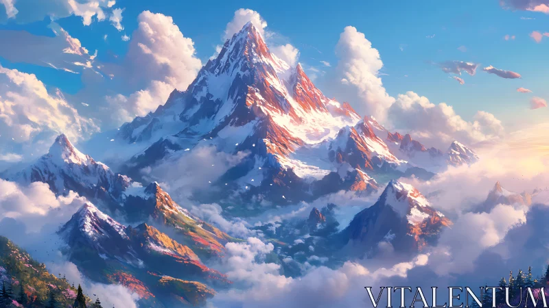 Sunlit alpine peak rendered with volumetric clouds and haze