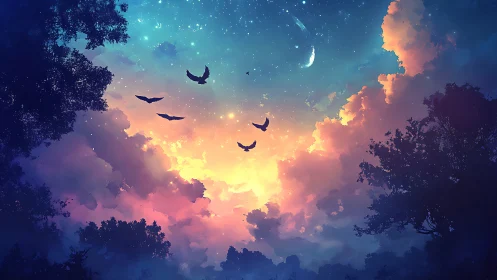 Twilight sky bursting with birds, nebula clouds and crescent moon.