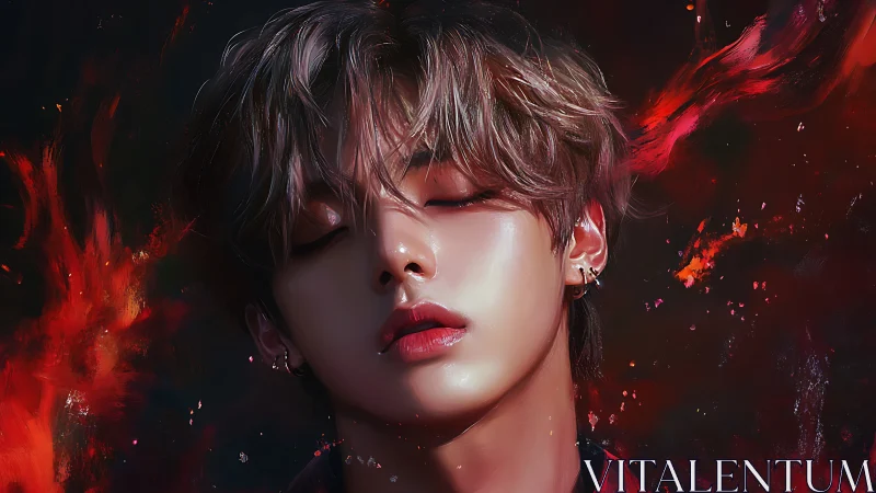 Digital portrait of androgynous figure with fiery red aura.