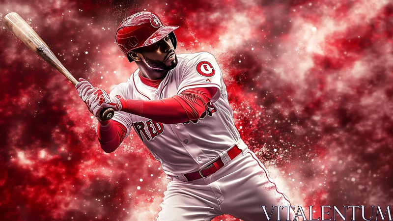 Baseball slugger readies powerful swing amid red energy.