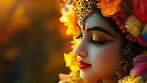 Woman in profile wearing ornate floral headdress and jewelry