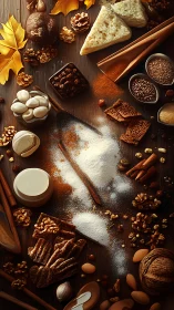 Rustic autumn baking ingredients glow in warm morning light