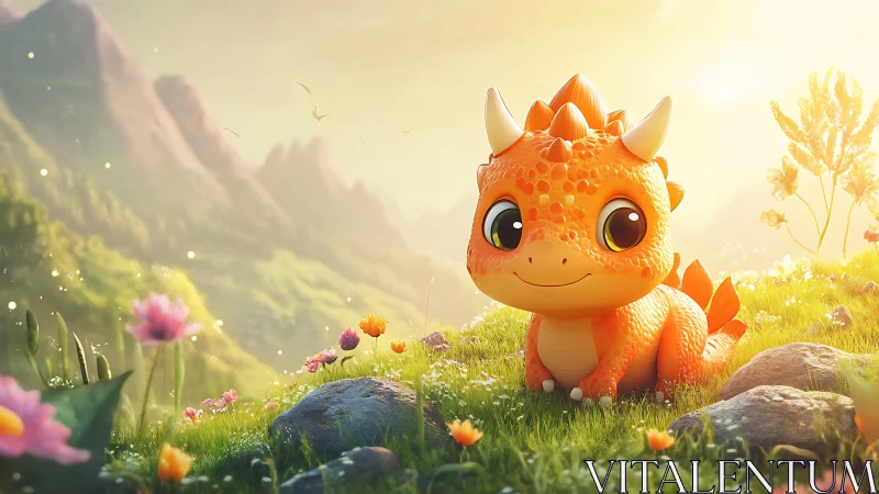 Cute baby dragon rests in a sunlit flower meadow landscape.
