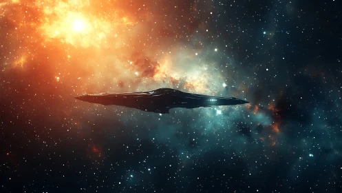 Stellar dreadnought silhouette against luminous nebular flare.