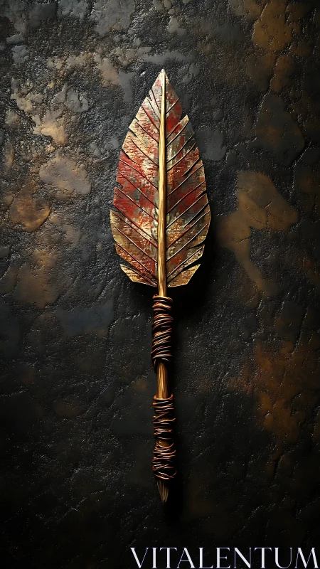 Gleaming metal leaf spear rests against a dark stone wall