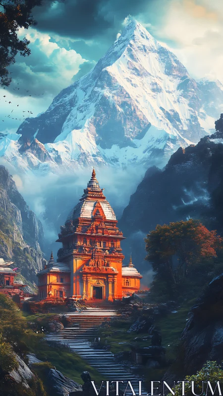 Sunlit mountain temple rises beneath towering snowy peak