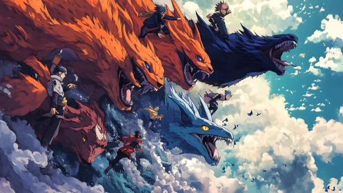 Dynamic anime battle tableau with elemental beast summons.