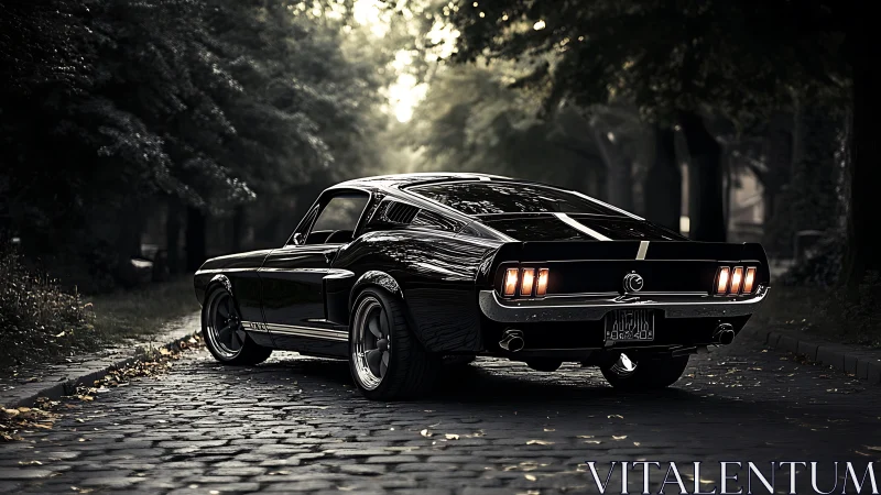 Classic black muscle car glowing on a quiet tree-lined road.
