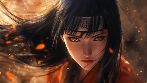 Fiery eyed ninja heroine framed by swirling embers and dusk.