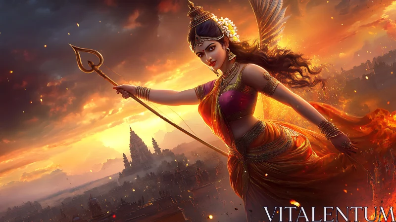 Radiant warrior goddess soaring above emberlit temple skies.