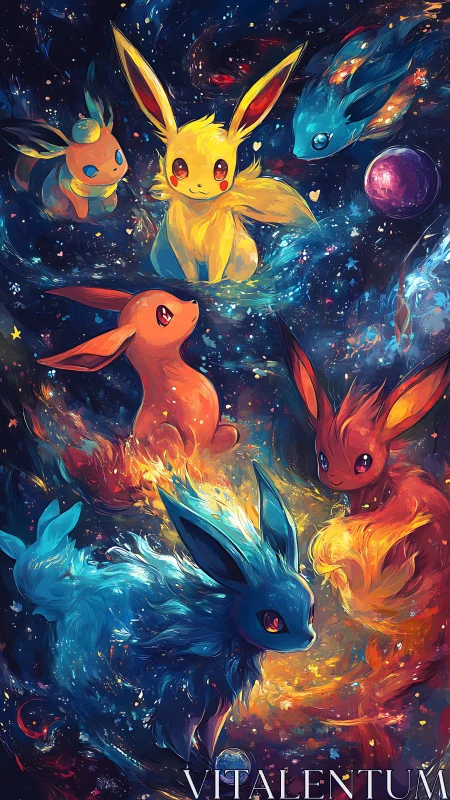 Elemental fox creatures swirl through luminous cosmic nebula.