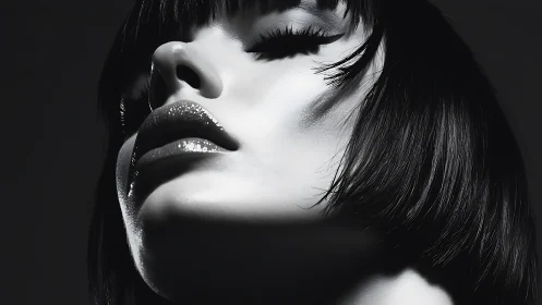 Monochrome close-up captures glossy lips and angled gaze