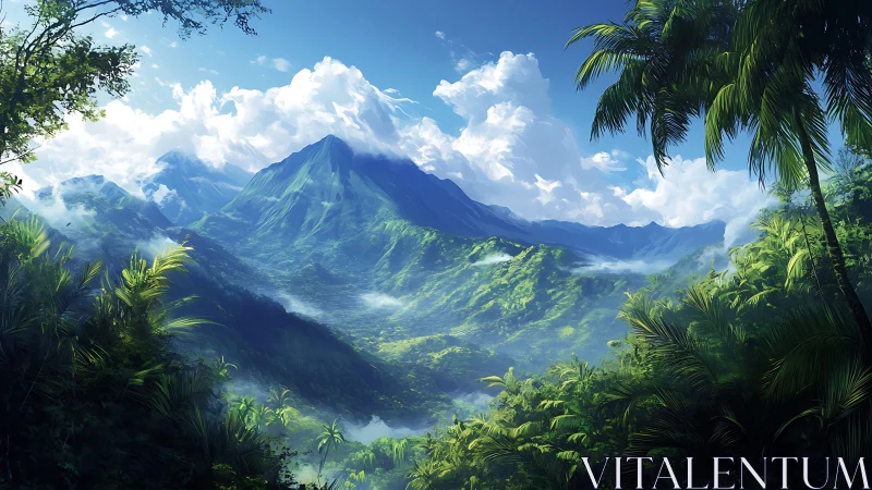 Sunlit jungle valley cradled by distant emerald peaks.